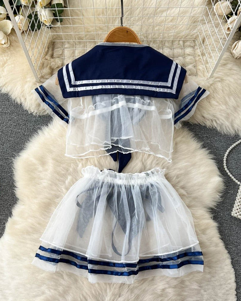 Sailor Tease Mesh Three Piece Lingerie