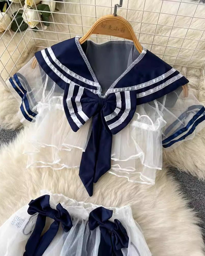 Sailor Tease Mesh Three Piece Lingerie