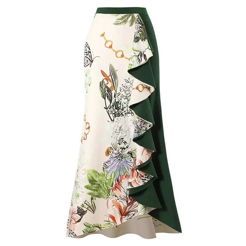 Dark Green Floral High Waisted Two Piece Swimsuit With Ruffled Pencil Skirt by Sinderella