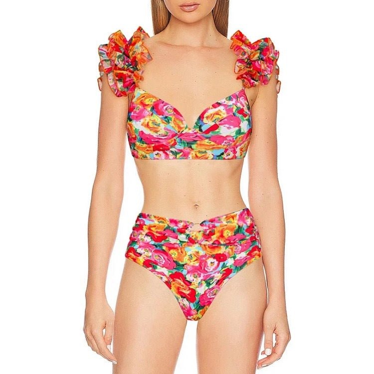 High Waist Floral Two Peice Bikini Set WIth Ruffle Skirt By SInderella