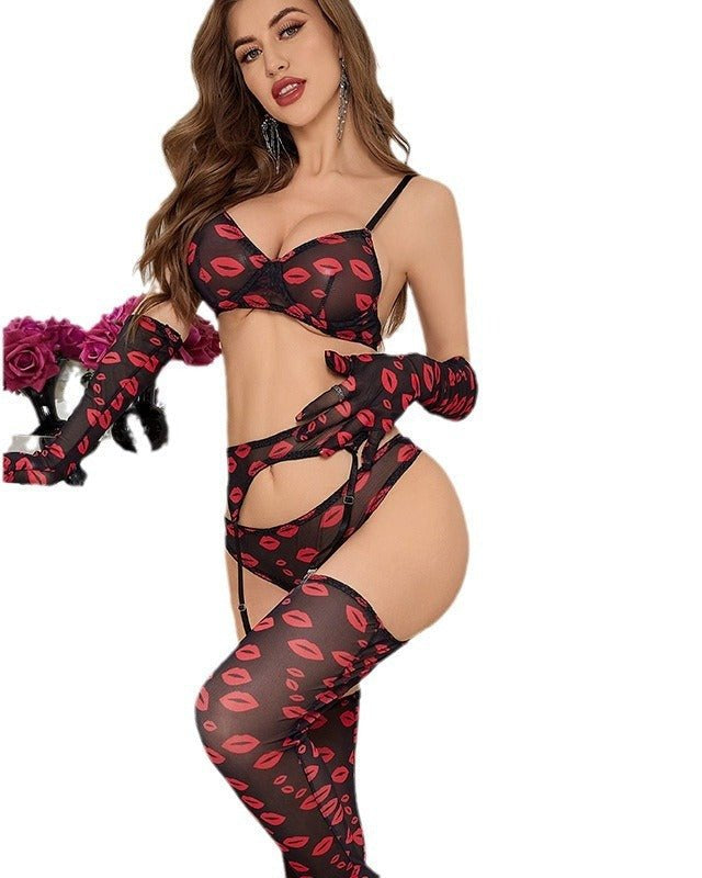 Kiss Me Deadly Red Lip Print Lingerie Set