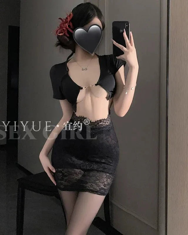 No Small Talk Mini Lace Slit Co-Ord Lingerie