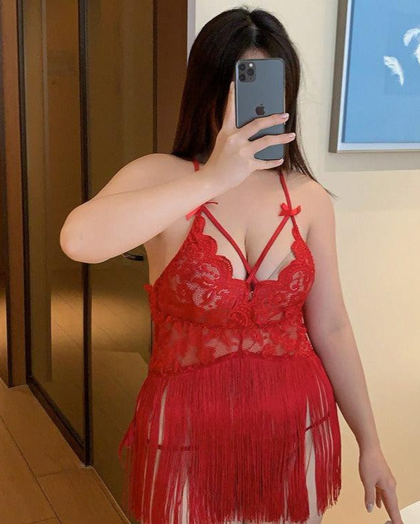 Sensual in Fringe Plus-Size Lace Backless Babydoll Lingerie