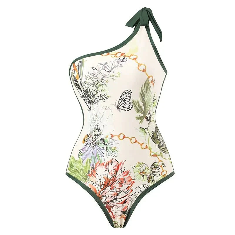 Dark Green Floral High Waisted Two Piece Swimsuit With Ruffled Pencil Skirt by Sinderella