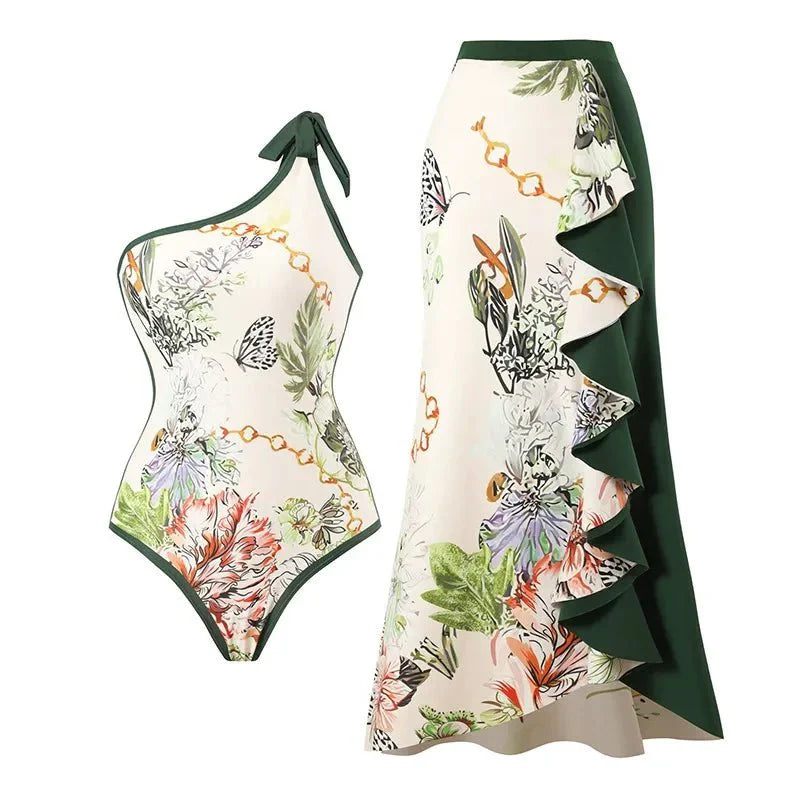 Dark Green Floral High Waisted Two Piece Swimsuit With Ruffled Pencil Skirt by Sinderella