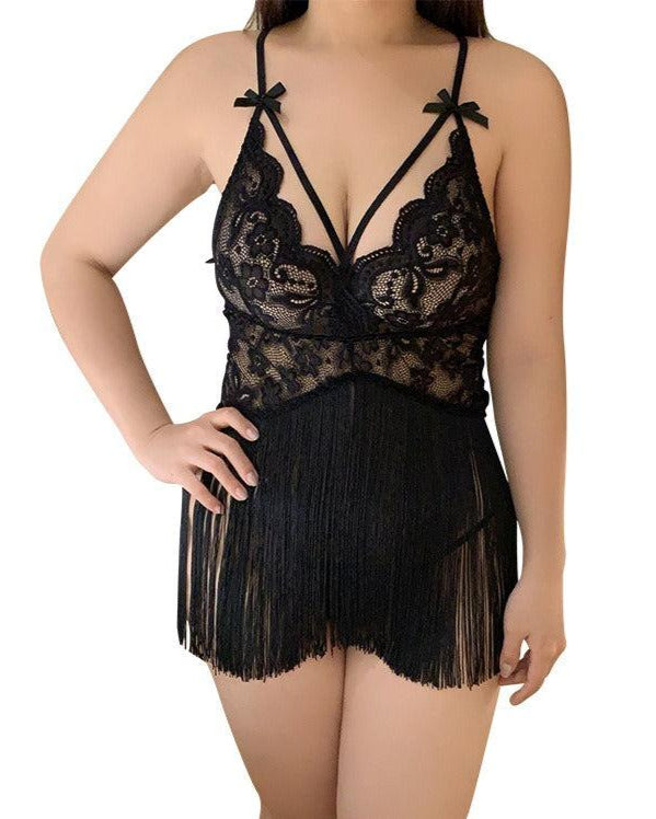 Sensual in Fringe Plus-Size Lace Backless Babydoll Lingerie